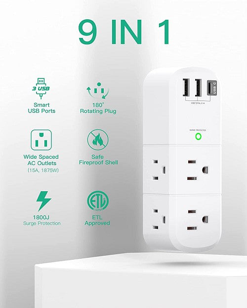 Grounded Low-EMF Phone/Device Charger - Greatest Charger for home, office, and travel - USB A and C plus outlets